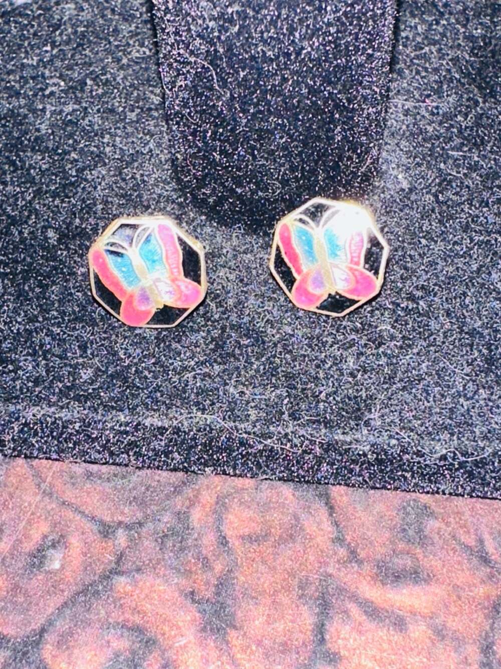 Vintage Hexagonal Cloisonn9 Butterfly Stud Earrings - Pink, Blue, Black